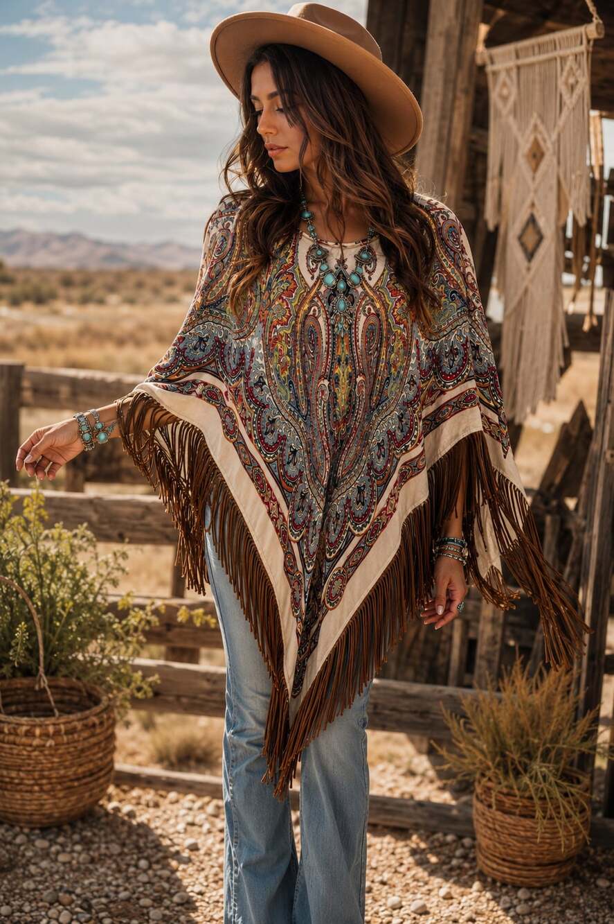 Boho Western Paisley Fringe Poncho Kimono Shawl Festival Cape